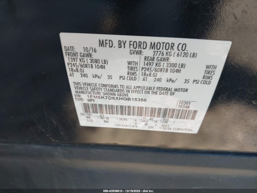 2017 Ford Explorer Xlt VIN: 1FM5K7D8XHGB15356 Lot: 43936810