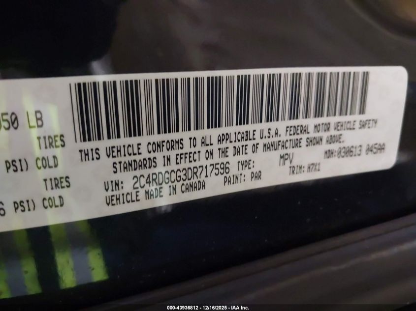 2013 Dodge Grand Caravan Sxt VIN: 2C4RDGCG3DR717596 Lot: 43936812