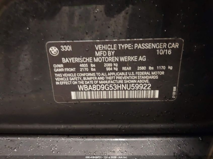 2017 BMW 330I xDrive VIN: WBA8D9G53HNU59922 Lot: 43936813
