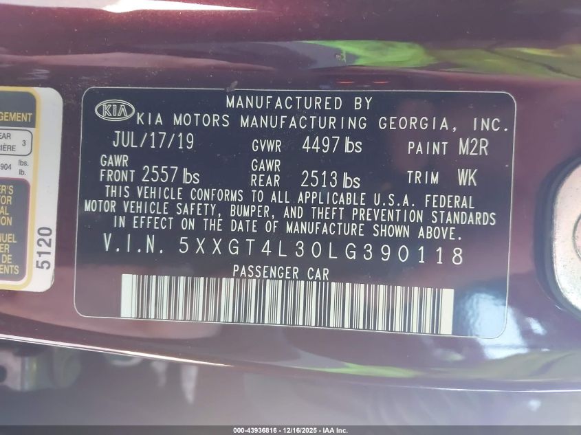 2020 Kia Optima Lx VIN: 5XXGT4L30LG390118 Lot: 43936816