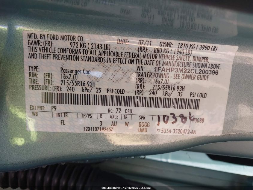 2012 Ford Focus Sel VIN: 1FAHP3M22CL200396 Lot: 43936819