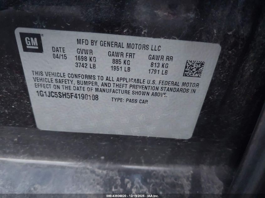 2015 Chevrolet Sonic Lt Auto VIN: 1G1JC5SH5F4190108 Lot: 43936820