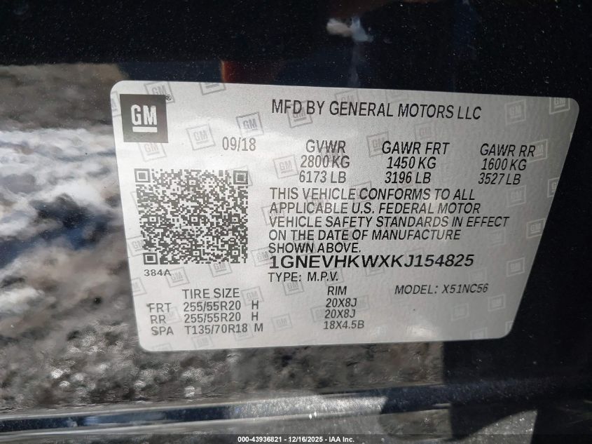 2019 Chevrolet Traverse 3Lt VIN: 1GNEVHKWXKJ154825 Lot: 43936821