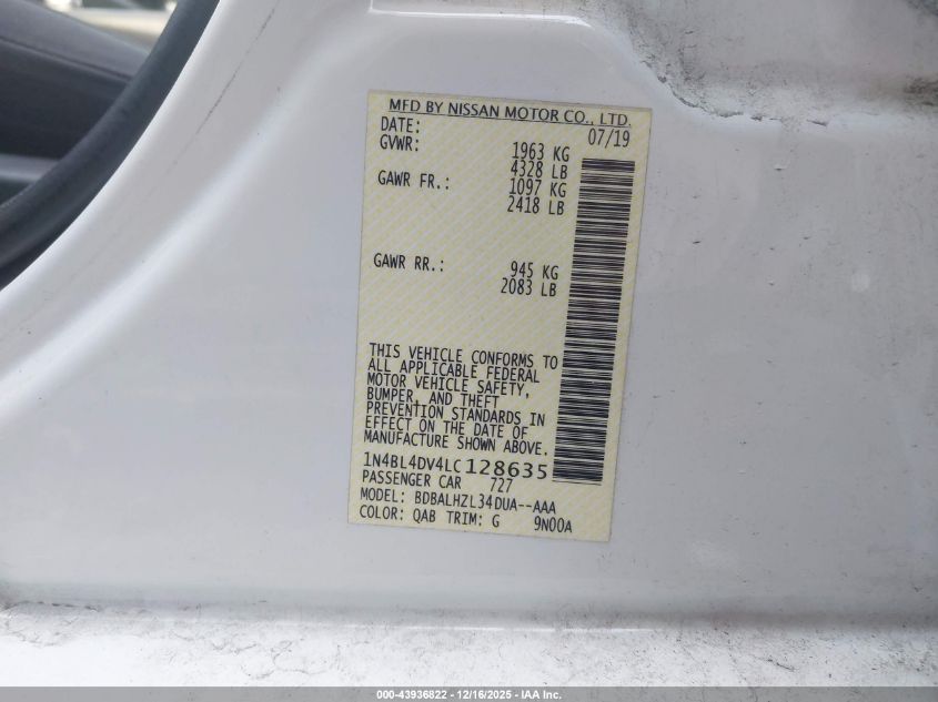 2020 Nissan Altima Sv Fwd VIN: 1N4BL4DV4LC128635 Lot: 43936822