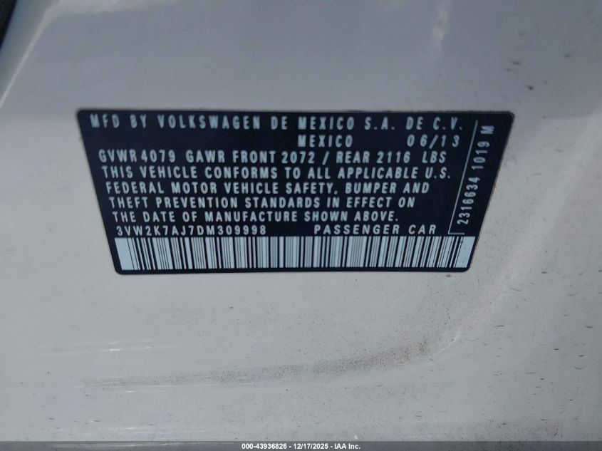 2013 Volkswagen Jetta 2.0L S VIN: 3VW2K7AJ7DM309998 Lot: 43936826