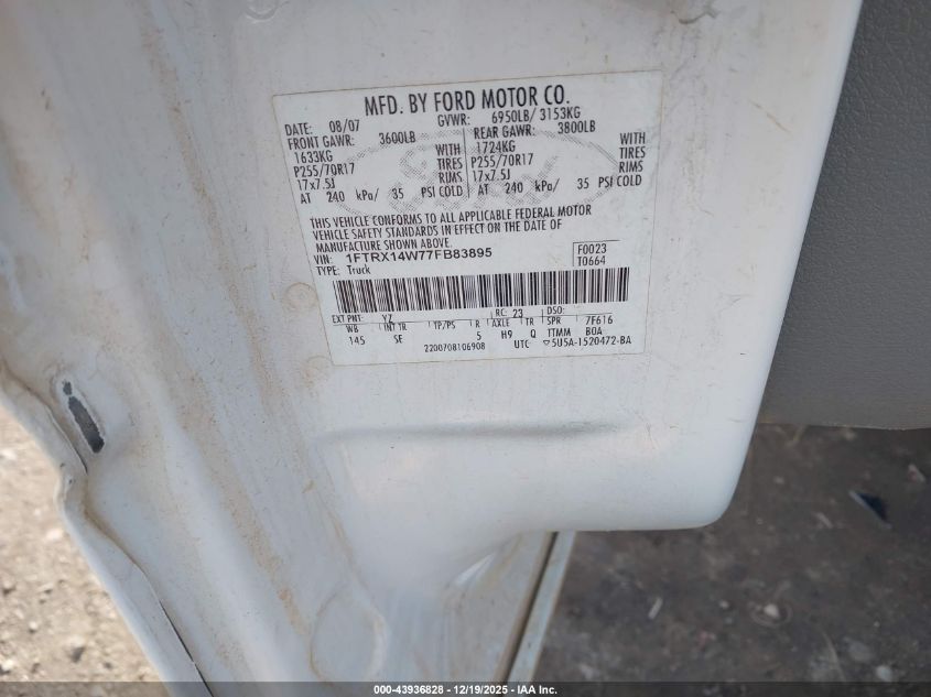 2007 Ford F-150 Fx4/Stx/Xl/Xlt VIN: 1FTRX14W77FB83895 Lot: 43936828