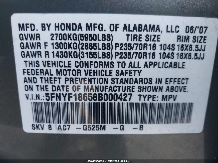 2008 Honda Pilot Ex-L VIN: 5FNYF18658B000427 Lot: 43936833