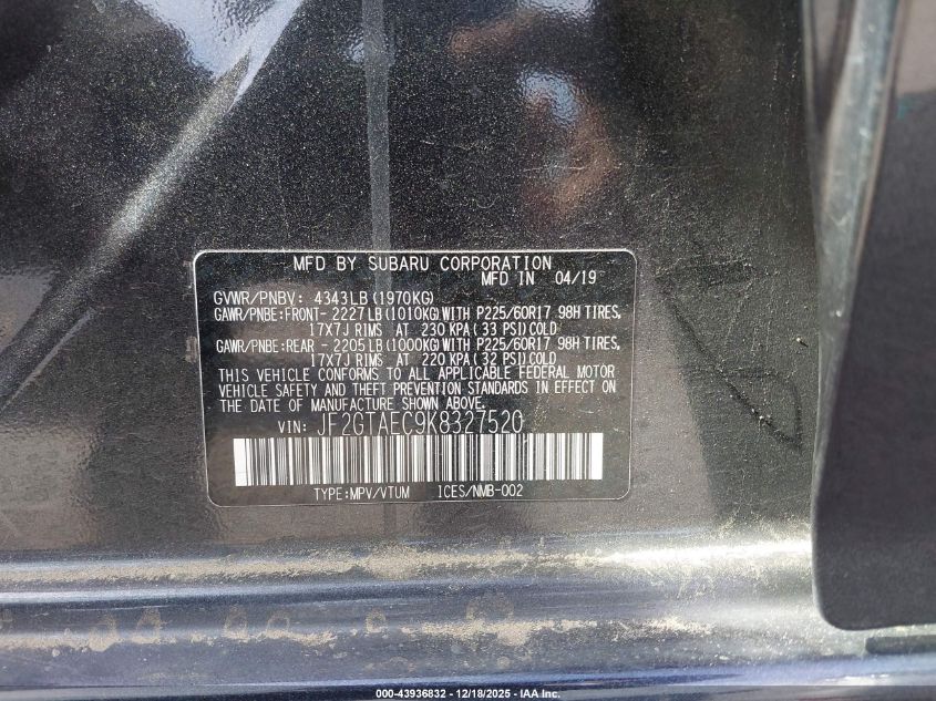 2019 Subaru Crosstrek 2.0I Premium VIN: JF2GTAEC9K8327520 Lot: 43936832