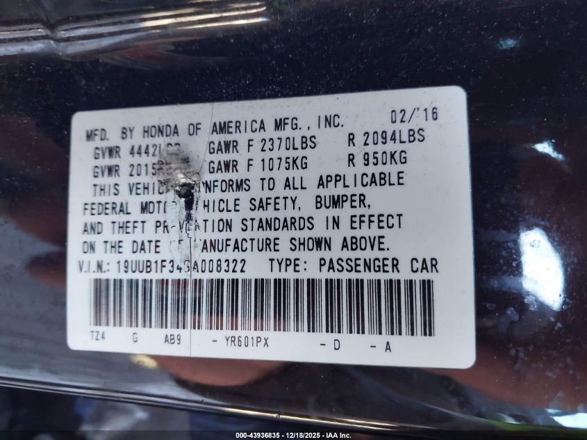 2016 Acura Tlx VIN: 19UUB1F34GA008322 Lot: 43936835