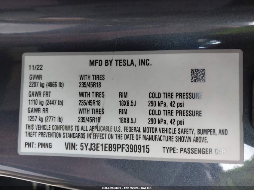 2023 Tesla Model 3 Long Range Dual Motor All-Wheel Drive VIN: 5YJ3E1EB9PF390915 Lot: 43936839
