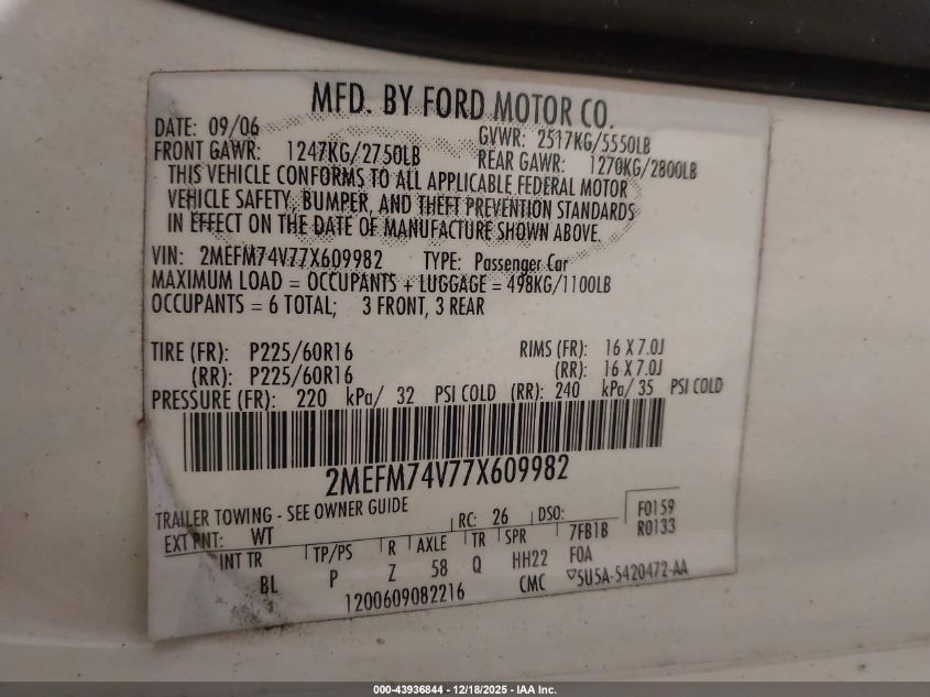 2007 Mercury Grand Marquis Gs VIN: 2MEFM74V77X609982 Lot: 43936844