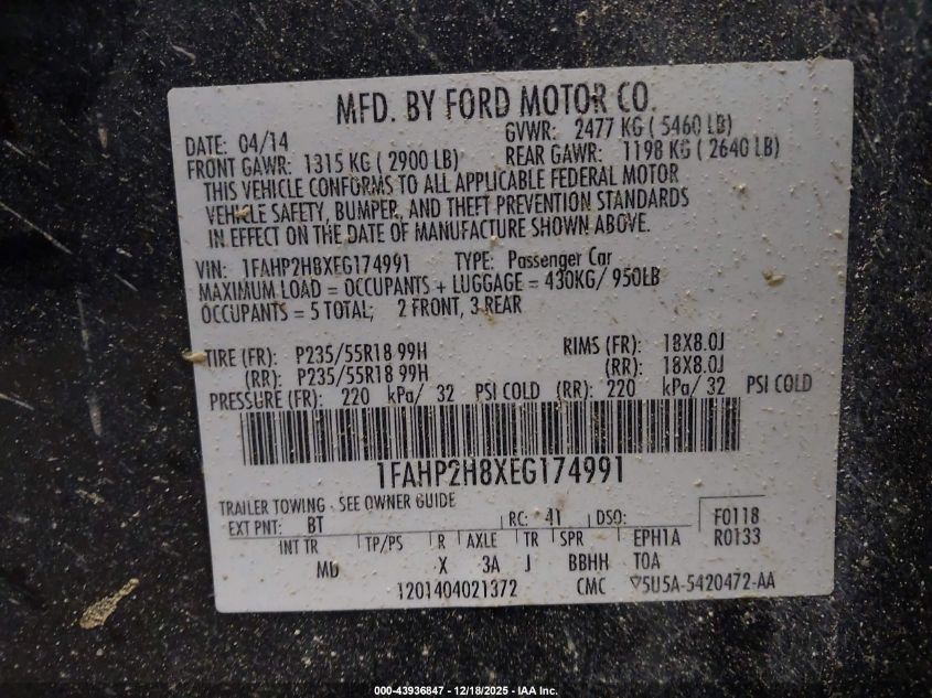 2014 Ford Taurus Sel VIN: 1FAHP2H8XEG174991 Lot: 43936847