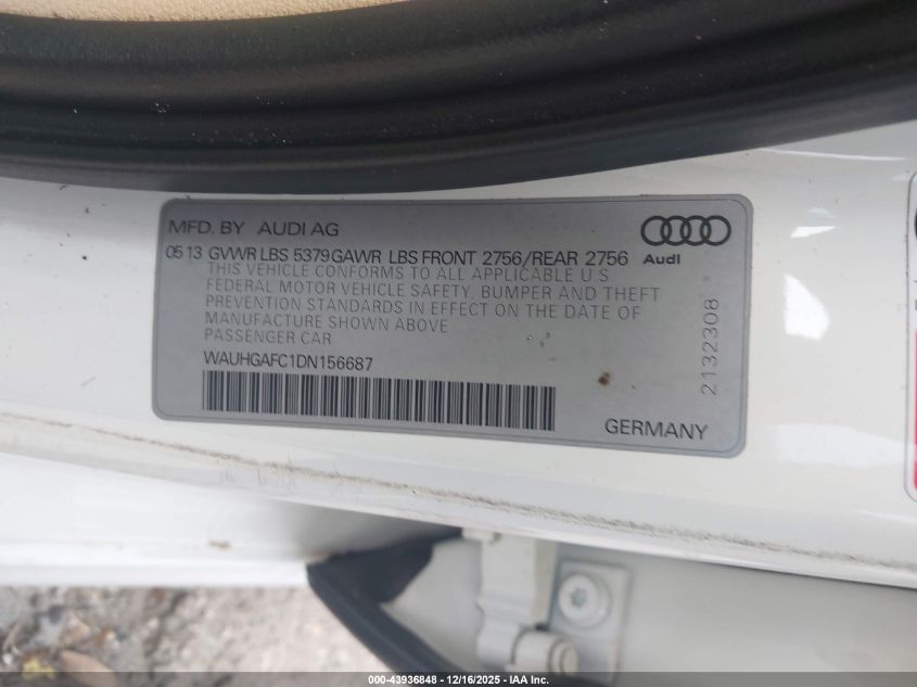 2013 Audi A6 3.0T Premium VIN: WAUHGAFC1DN156687 Lot: 43936848
