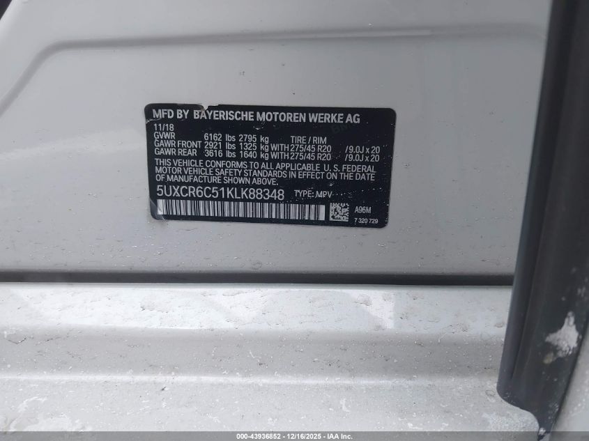 2019 BMW X5 xDrive40I VIN: 5UXCR6C51KLK88348 Lot: 43936852