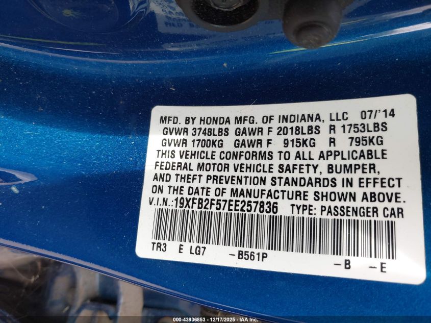 2014 Honda Civic Lx VIN: 19XFB2F57EE257836 Lot: 43936853