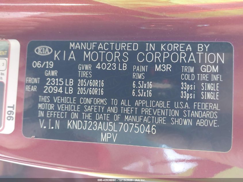 2020 Kia Soul Lx VIN: KNDJ23AU5L7075046 Lot: 43936860