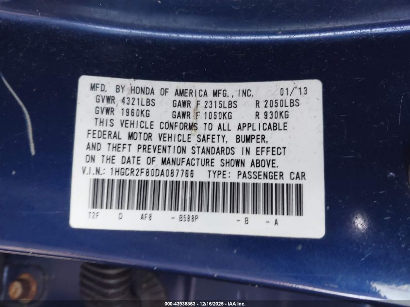 2013 Honda Accord Ex-L VIN: 1HGCR2F80DA087766 Lot: 43936863