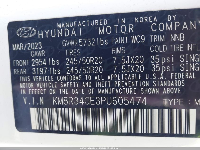 2023 Hyundai Palisade Xrt VIN: KM8R34GE3PU605474 Lot: 43936864
