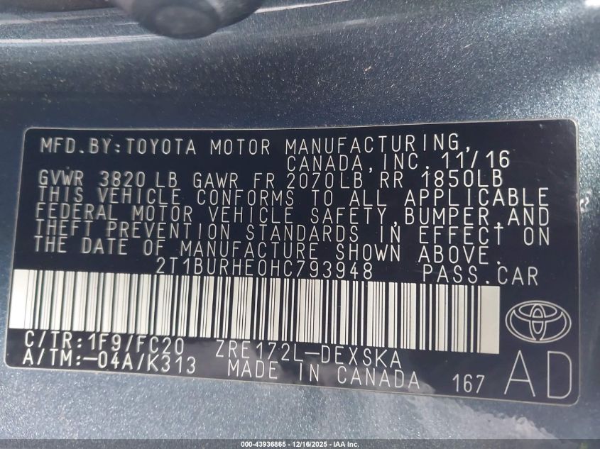 2017 Toyota Corolla Se VIN: 2T1BURHE0HC793948 Lot: 43936865