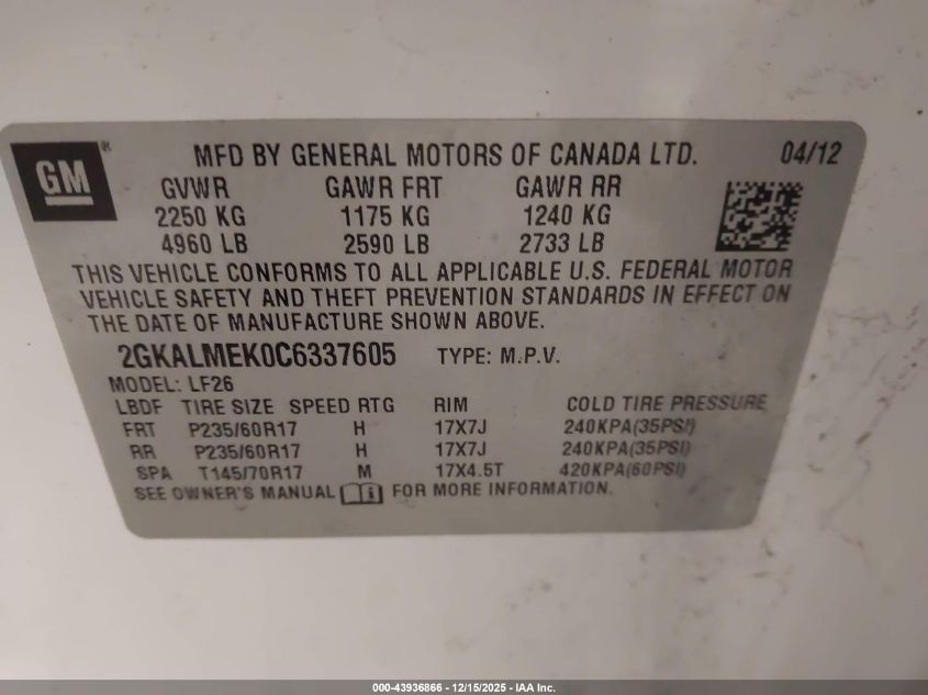 2012 GMC Terrain Sle-1 VIN: 2GKALMEK0C6337605 Lot: 43936866