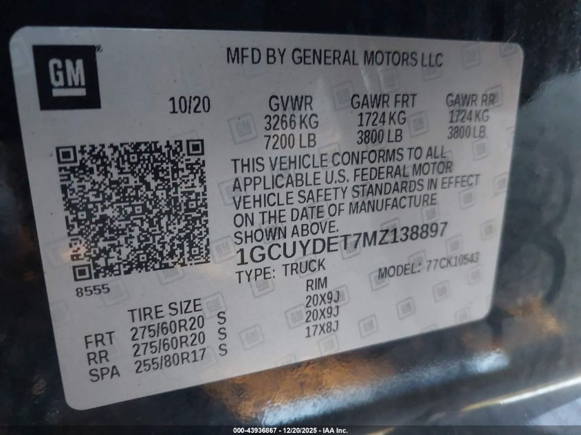 2021 Chevrolet Silverado 1500 4Wd Short Bed Lt VIN: 1GCUYDET7MZ138897 Lot: 43936867