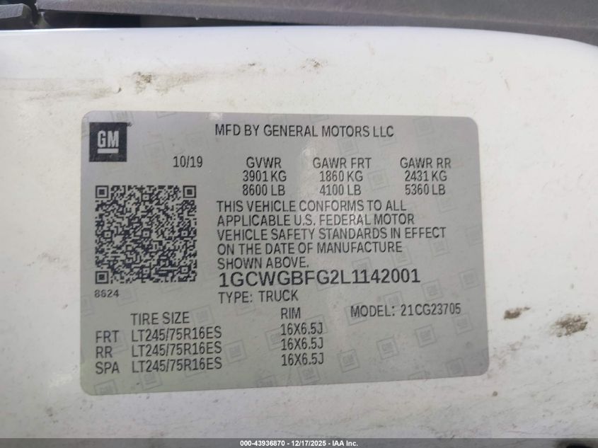 2020 Chevrolet Express Cargo Rwd 2500 Extended Wheelbase Wt VIN: 1GCWGBFG2L1142001 Lot: 43936870