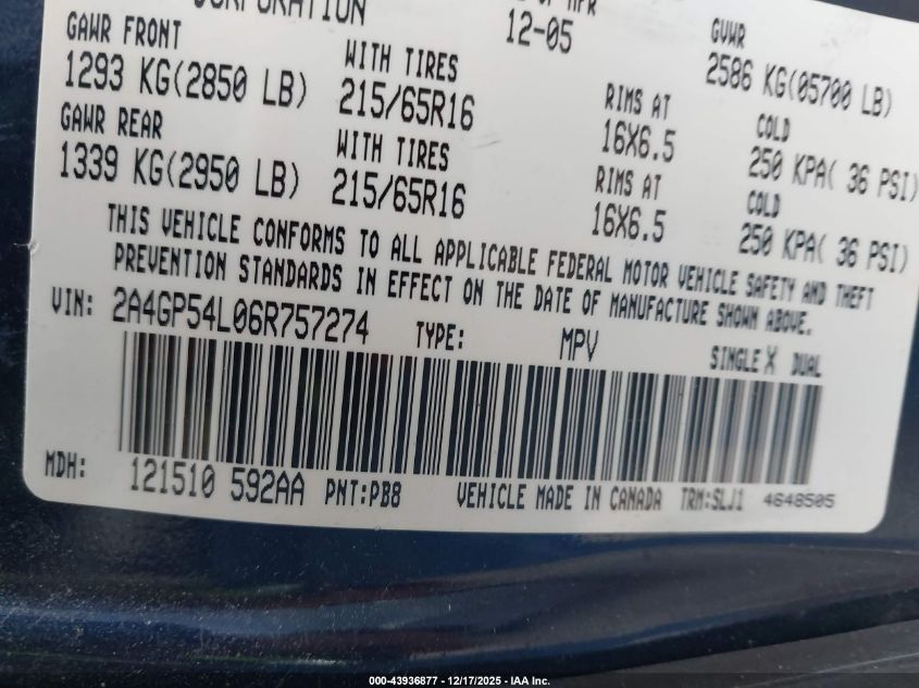 2006 Chrysler Town & Country Touring VIN: 2A4GP54L06R757274 Lot: 43936877