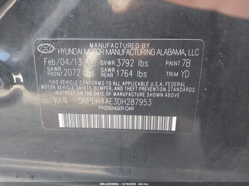 2013 Hyundai Elantra Gls VIN: 5NPDH4AE3DH287953 Lot: 43936884