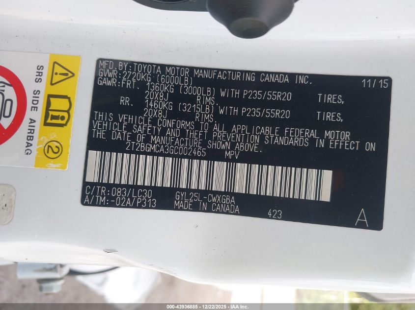 2016 Lexus Rx 450H F Sport VIN: 2T2BGMCA3GC002465 Lot: 43936885