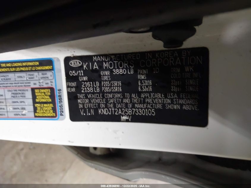 2011 Kia Soul + VIN: KNDJT2A25B7330105 Lot: 43936890