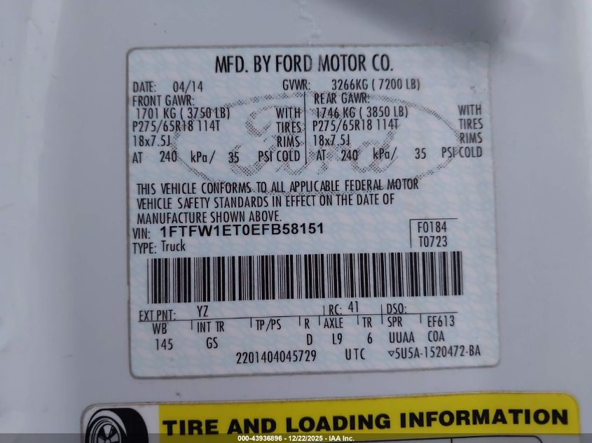 2014 Ford F-150 Xlt VIN: 1FTFW1ET0EFB58151 Lot: 43936896