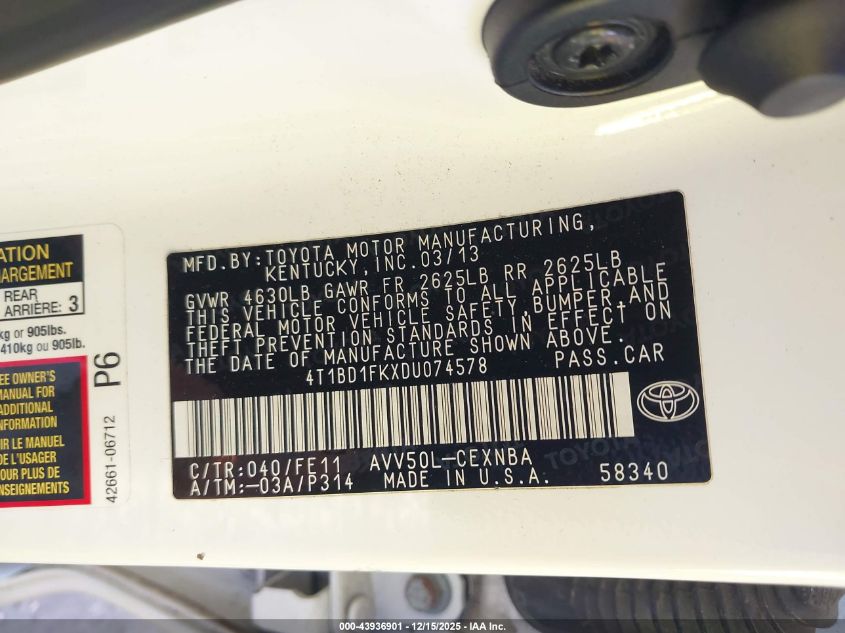 2013 Toyota Camry Hybrid Le VIN: 4T1BD1FKXDU074578 Lot: 43936901