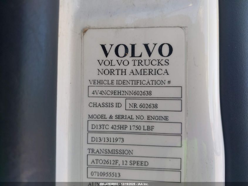 2022 Volvo Vnl VIN: 4V4NC9EH2NN602638 Lot: 43936903
