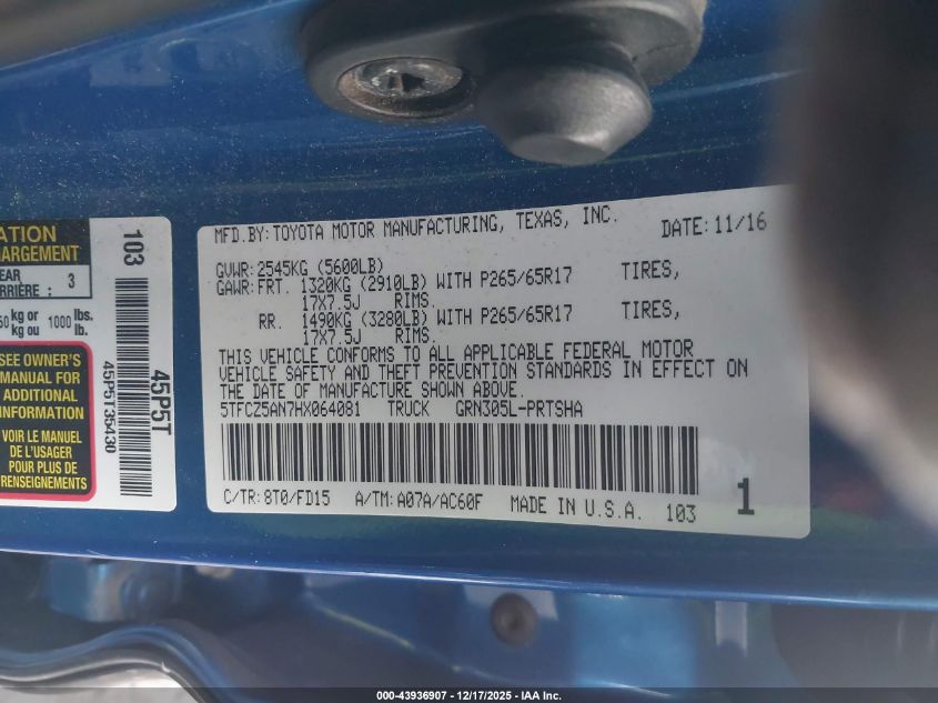 2017 Toyota Tacoma Trd Sport VIN: 5TFCZ5AN7HX064081 Lot: 43936907