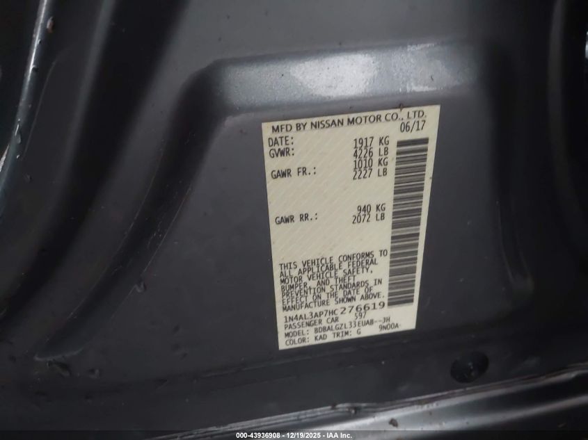 2017 Nissan Altima 2.5 S VIN: 1N4AL3AP7HC276619 Lot: 43936908