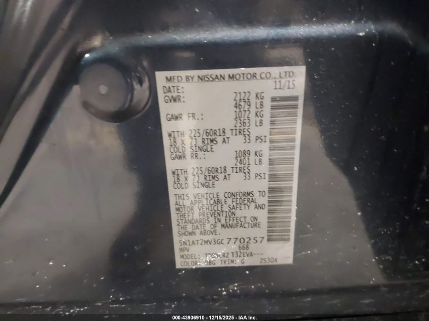 2016 Nissan Rogue Sl VIN: 5N1AT2MV3GC770257 Lot: 43936910