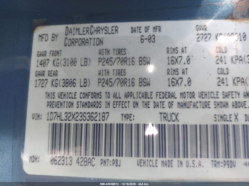 2003 Dodge Dakota Sport VIN: 1D7HL32X23S362187 Lot: 43936912