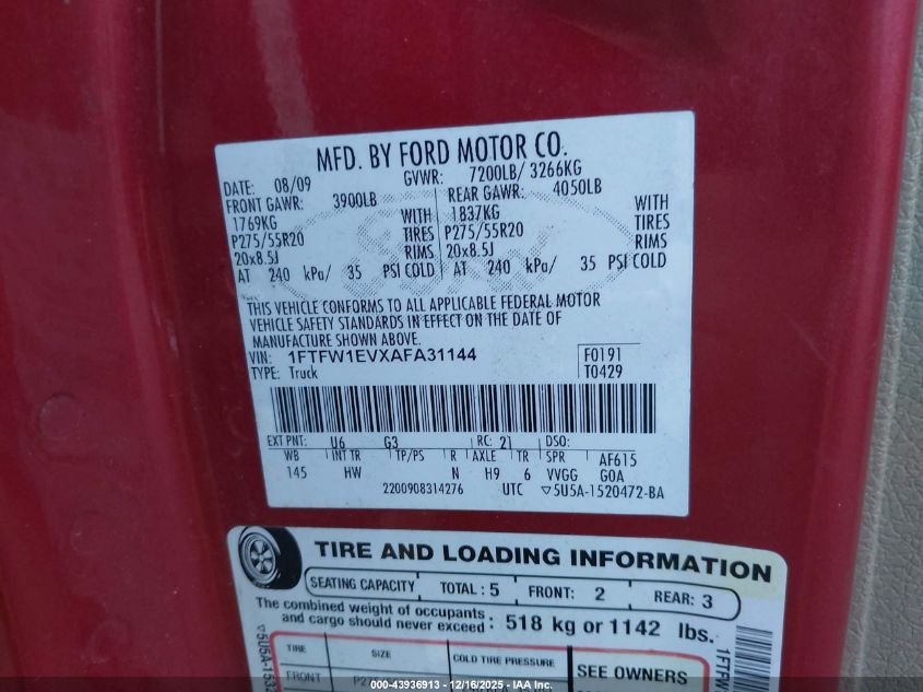 2010 Ford F-150 Fx4/Harley-Davidson/King Ranch/Lariat/Platinum/Xl/Xlt VIN: 1FTFW1EVXAFA31144 Lot: 43936913