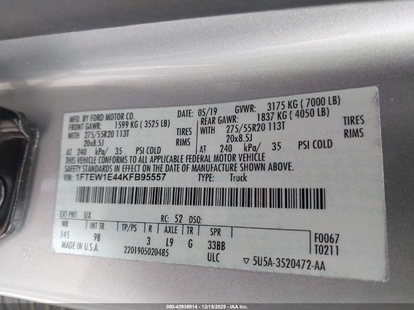 2019 Ford F-150 Platinum VIN: 1FTEW1E44KFB95557 Lot: 43936914