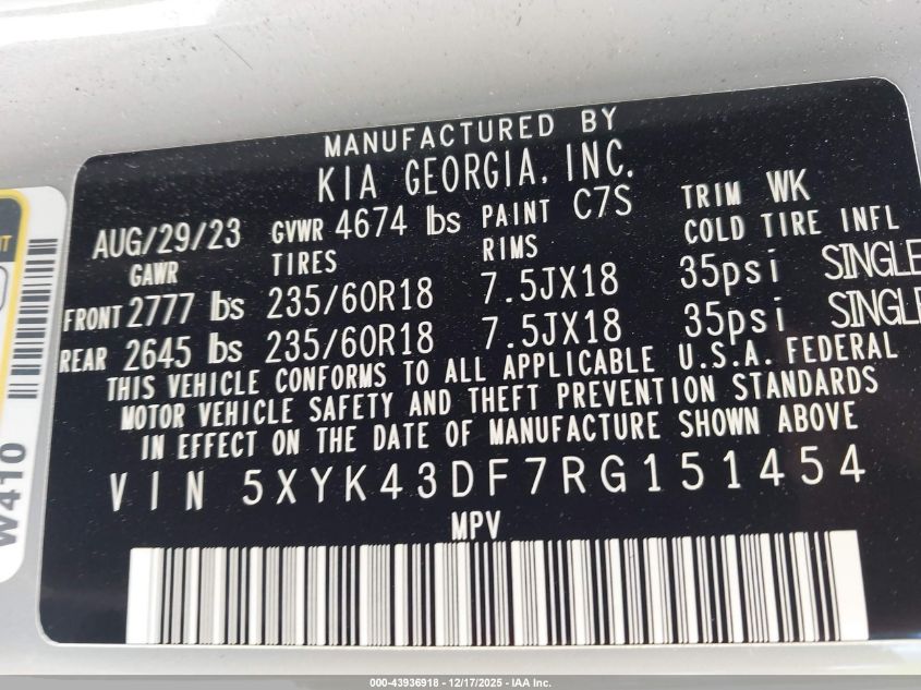 2024 Kia Sportage Sx VIN: 5XYK43DF7RG151454 Lot: 43936918