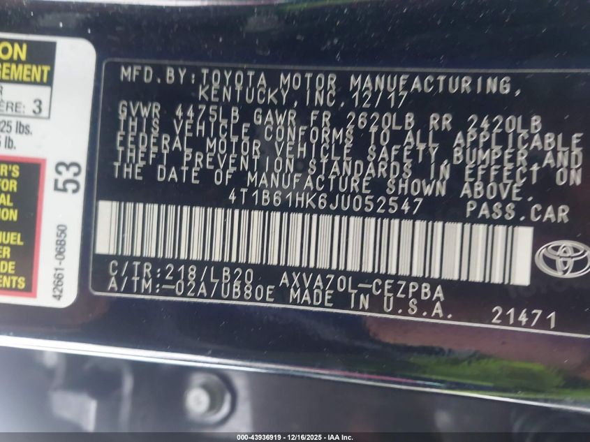 2018 Toyota Camry Xse VIN: 4T1B61HK6JU052547 Lot: 43936919