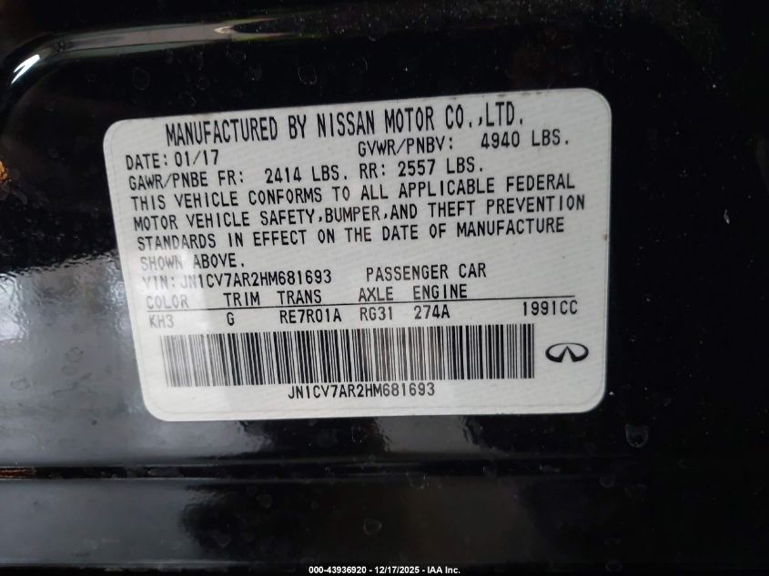 2017 Infiniti Q50 2.0T Premium VIN: JN1CV7AR2HM681693 Lot: 43936920