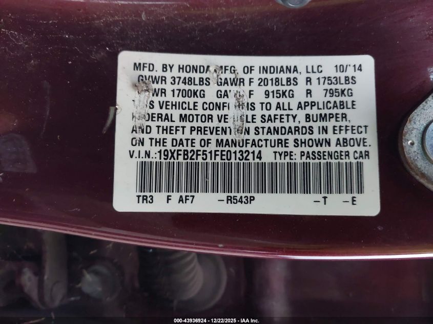 2015 Honda Civic Lx VIN: 19XFB2F51FE013214 Lot: 43936924