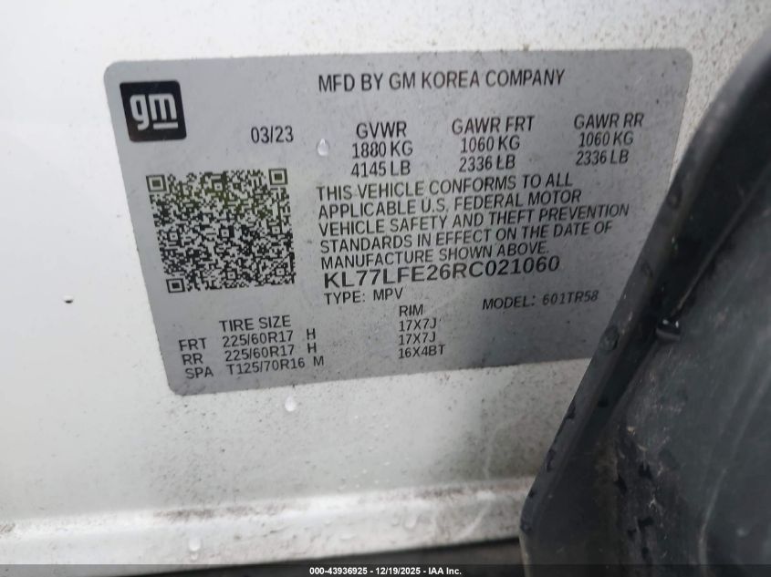 2024 Chevrolet Trax Fwd Sp VIN: KL77LFE26RC021060 Lot: 43936925