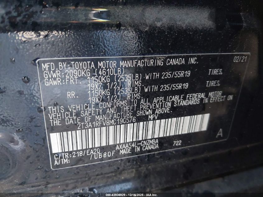 2021 Toyota Rav4 Xle Premium VIN: 2T3A1RFV8MC190576 Lot: 43936929