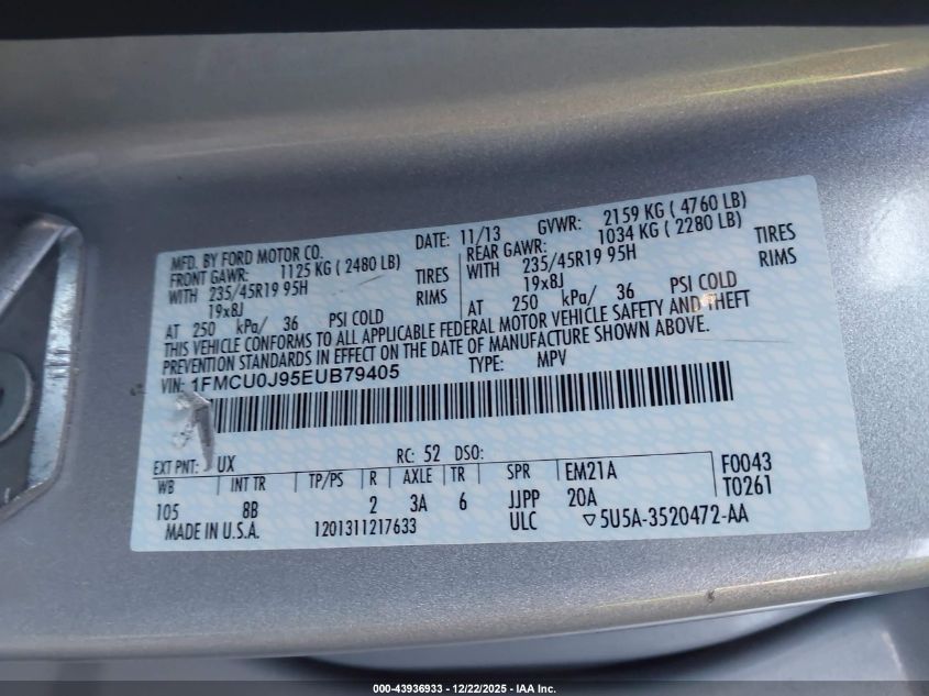 2014 Ford Escape Titanium VIN: 1FMCU0J95EUB79405 Lot: 43936933