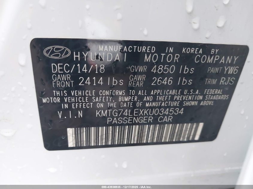 2019 Genesis G70 3.3T Advanced VIN: KMTG74LEXKU034534 Lot: 43936935