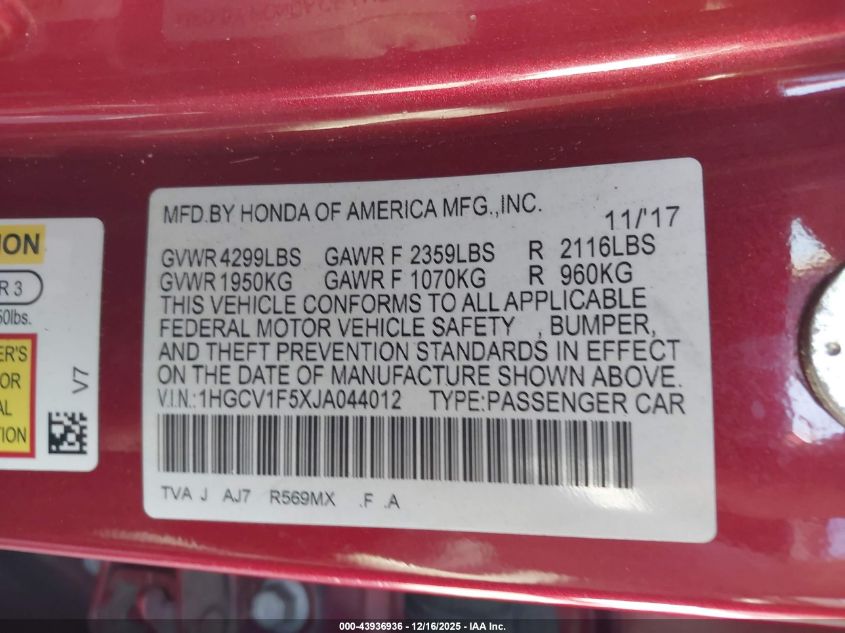 2018 Honda Accord Ex-L VIN: 1HGCV1F5XJA044012 Lot: 43936936