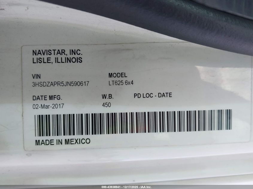 2018 International Lt VIN: 3HSDZAPR5JN590617 Lot: 43936941