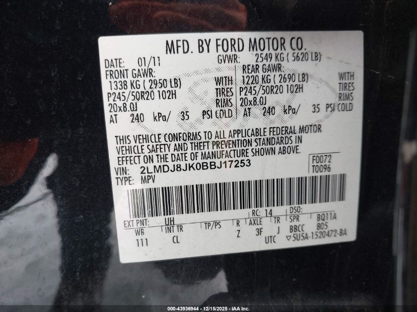 2011 Lincoln Mkx VIN: 2LMDJ8JK0BBJ17253 Lot: 43936944